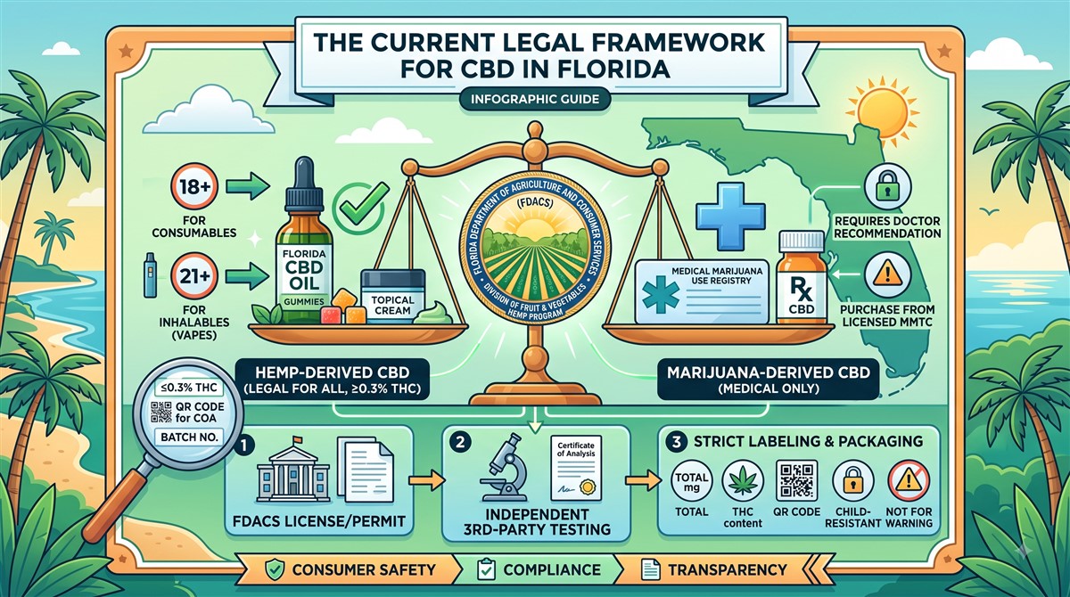Infographic titled “The Current Legal Framework for CBD in Florida,” showing balance scales that compare hemp-derived CBD with marijuana-derived CBD. The hemp side includes Florida CBD oil, gummies, and topical cream; age icons show 18 and over for consumables and 21 and over for inhalable products. The medical-marijuana side includes a registry card, prescription bottle, doctor recommendation, and licensed treatment centre warning. Panels below show a THC limit, batch number and QR code, state licensing, independent laboratory testing, and labelling requirements.