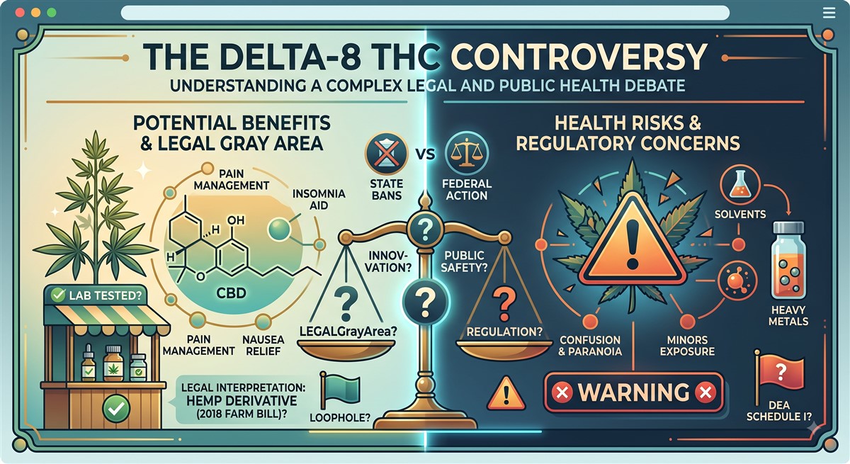 Split infographic titled “The Delta-8 THC Controversy: Understanding a Complex Legal and Public Health Debate.” The left side shows a cannabis plant, CBD chemical structure, and lab-tested products beside possible uses such as pain management, nausea relief, and insomnia aid, with questions about the 2018 Farm Bill and legal loopholes. The right side shows a warning symbol over cannabis leaves, a bottle representing solvents and heavy metals, and labels for minors’ exposure, confusion and paranoia, and DEA scheduling. A large balance scale in the centre contrasts state bans with federal action and asks whether innovation or public safety should take priority.