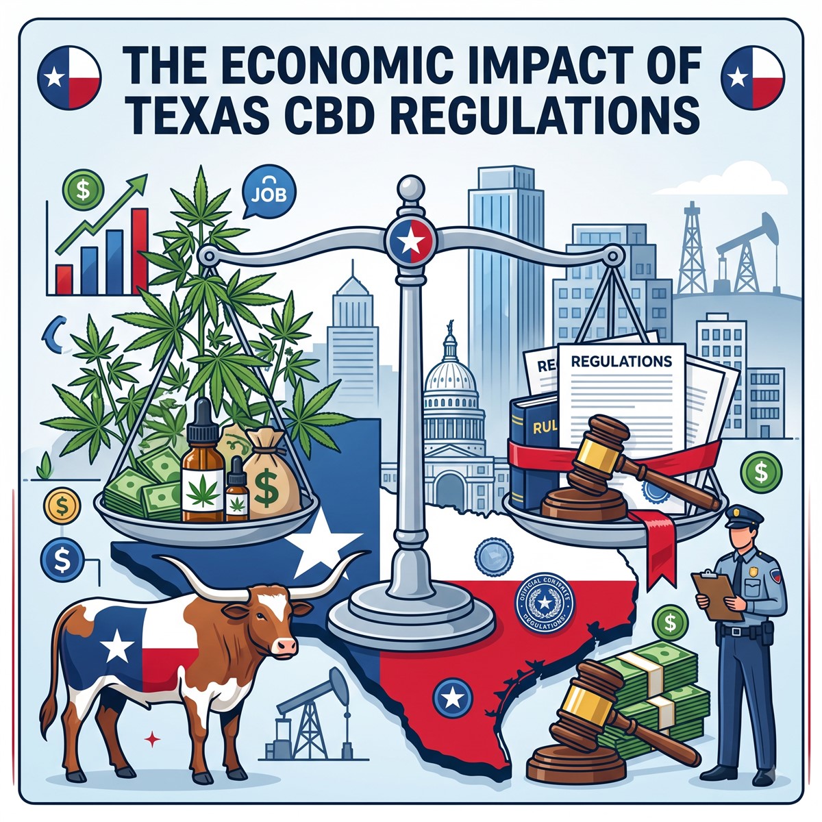 Infographic titled “The Economic Impact of Texas CBD Regulations,” showing a Texas-themed balance scale. One side holds cannabis plants, CBD oil bottles, cash, a growth chart, and a job symbol; the other holds regulation documents, a rulebook, a gavel, and red tape. Below are a Texas longhorn, the outline of Texas, stacks of money, a police officer, and a city skyline with oil pumps, illustrating the balance between the CBD industry’s economic activity and regulatory enforcement.
