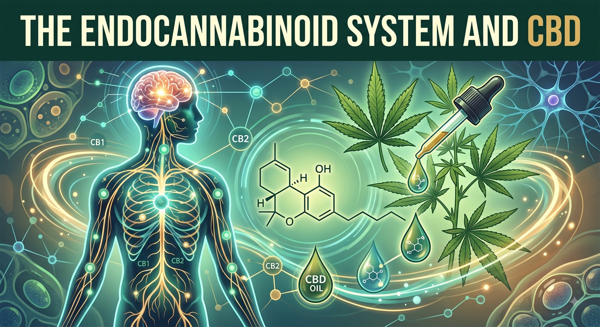 Illustrated infographic titled The Endocannabinoid System and CBD, showing a glowing human body silhouette with CB1 and CB2 receptor nodes mapped across the brain, nervous system, and organs, alongside the chemical structure of CBD, cannabis leaves, a CBD oil dropper, and oil droplets, representing how CBD interacts with the endocannabinoid system throughout the body.