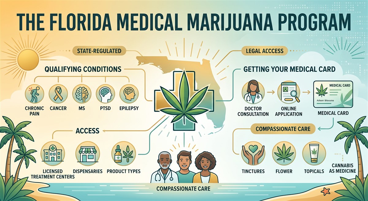 Infographic titled “The Florida Medical Marijuana Program,” featuring a large medical cannabis leaf over a map of Florida. Icons identify qualifying conditions including chronic pain, cancer, multiple sclerosis, PTSD, and epilepsy; steps for obtaining a medical card through a doctor consultation and online application; access through licensed treatment centres and dispensaries; and product forms including tinctures, flower, and topicals.