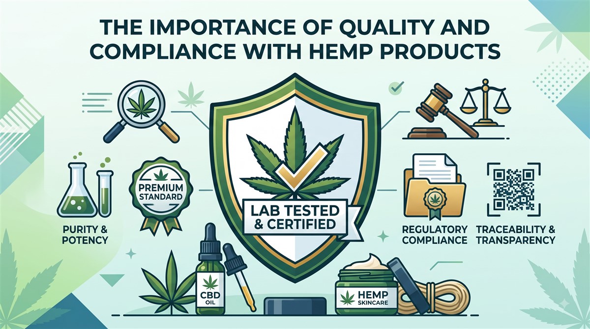 Infographic titled “The Importance of Quality and Compliance with Hemp Products,” centred on a shield with a cannabis leaf and a “Lab Tested & Certified” check mark. Surrounding icons represent purity and potency testing, premium standards, legal compliance with a gavel and scales, regulatory documentation, QR-code traceability, and hemp products including CBD oil, skincare cream, and rope.