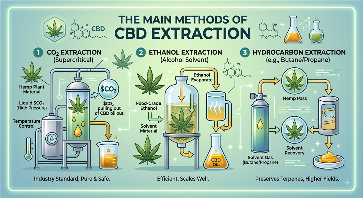 Infographic titled “The Main Methods of CBD Extraction,” comparing three illustrated processes. Supercritical carbon-dioxide extraction uses pressurised liquid CO₂ and temperature-controlled equipment to pull CBD oil from hemp; ethanol extraction soaks hemp in food-grade alcohol before evaporation leaves CBD oil; hydrocarbon extraction uses butane or propane gas, solvent recovery, and processing equipment to produce an extract. Captions describe the methods as industry-standard, scalable, and terpene-preserving.