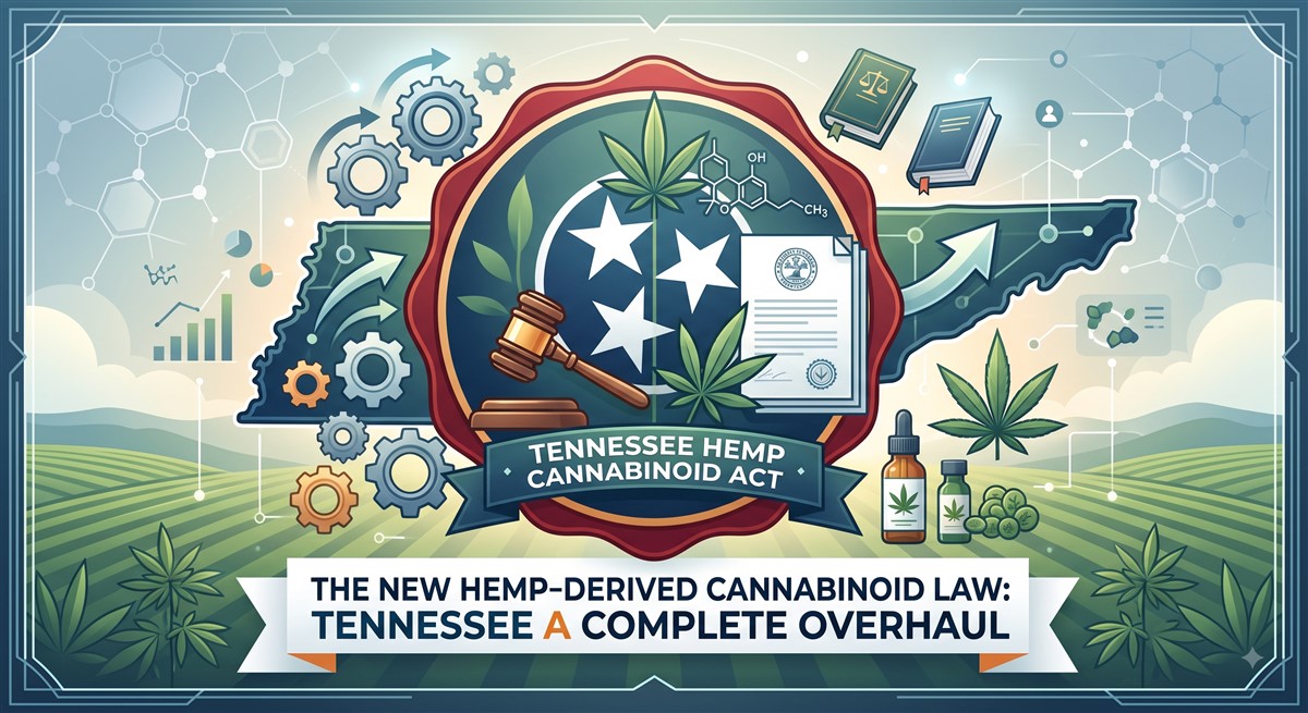 Illustrated banner titled “The New Hemp-Derived Cannabinoid Law: Tennessee, a Complete Overhaul,” featuring a Tennessee-shaped emblem with three white stars, cannabis leaves, a gavel, legal documents, a chemical structure, CBD bottles, books, gears, and upward arrows against a hemp field background.