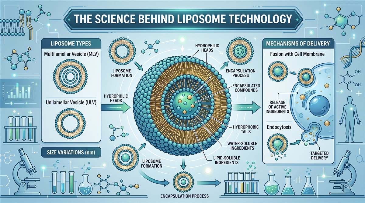 Scientific infographic titled The Science Behind Liposome Technology, showing liposome types including multilamellar vesicle MLV and unilamellar vesicle ULV with size variations in nanometres, a central detailed cross-section of a liposome labelling hydrophilic heads, hydrophobic tails, encapsulated compounds, water-soluble ingredients, and lipid-soluble ingredients, the liposome formation and encapsulation process, and two mechanisms of cellular delivery: fusion with the cell membrane releasing active ingredients, and endocytosis for targeted delivery.