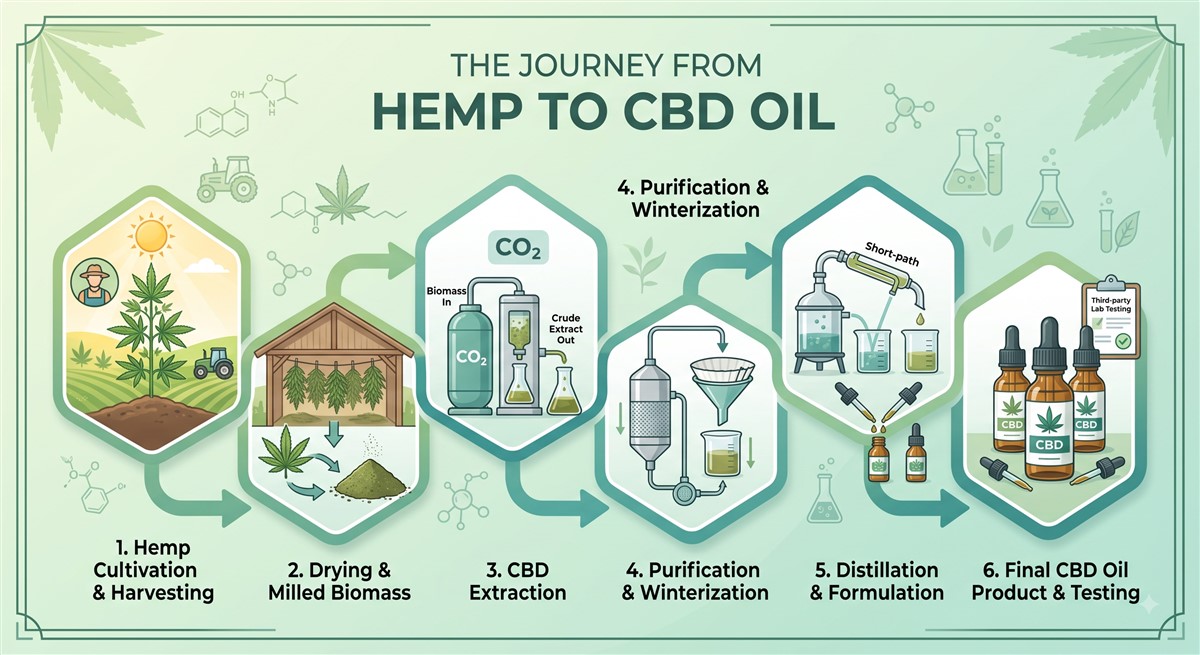 Infographic titled “The Journey from Hemp to CBD Oil,” showing six connected stages from left to right: hemp cultivation and harvesting in a field; drying and milling plants into biomass; carbon-dioxide CBD extraction; purification and winterization through filters; distillation and formulation into small dropper bottles; and final CBD oil bottles with third-party laboratory-testing documentation.