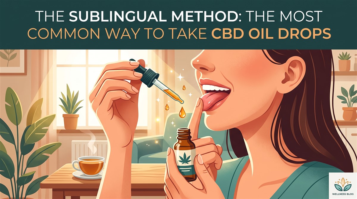 Illustrated banner titled The Sublingual Method: The Most Common Way to Take CBD Oil Drops, showing a woman in a cosy living room holding a dropper above her tongue with golden CBD oil drops falling, while her other hand holds a brown glass bottle with a cannabis leaf label, with a cup of tea and houseplants visible in the background