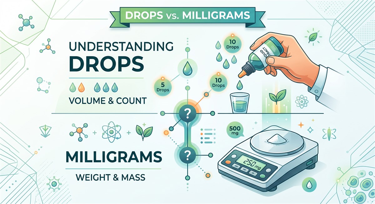 Explainer infographic titled Drops vs Milligrams, showing two concepts side by side: the top half illustrates understanding drops as a measure of volume and count with a hand squeezing a liquid extract dropper dispensing 5 and 10 drop increments into a measuring glass; the bottom half illustrates milligrams as a measure of weight and mass with a digital laboratory scale reading 250 mg and a reference of 500 mg, with question marks connecting the two concepts to highlight the difference between drop count and CBD milligram dosage.