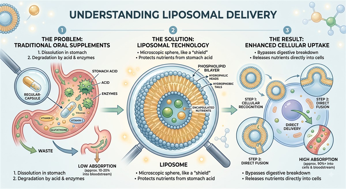 Three-step infographic titled Understanding Liposomal Delivery explaining: step one the problem of traditional oral supplements dissolving in stomach acid with only 10–20% absorption and waste; step two the solution of liposomal technology using a phospholipid bilayer liposome to encapsulate nutrients and protect them from stomach acid; and step three the result of enhanced cellular uptake through cellular recognition and direct fusion delivering 90% or more of nutrients into cells and the bloodstream.