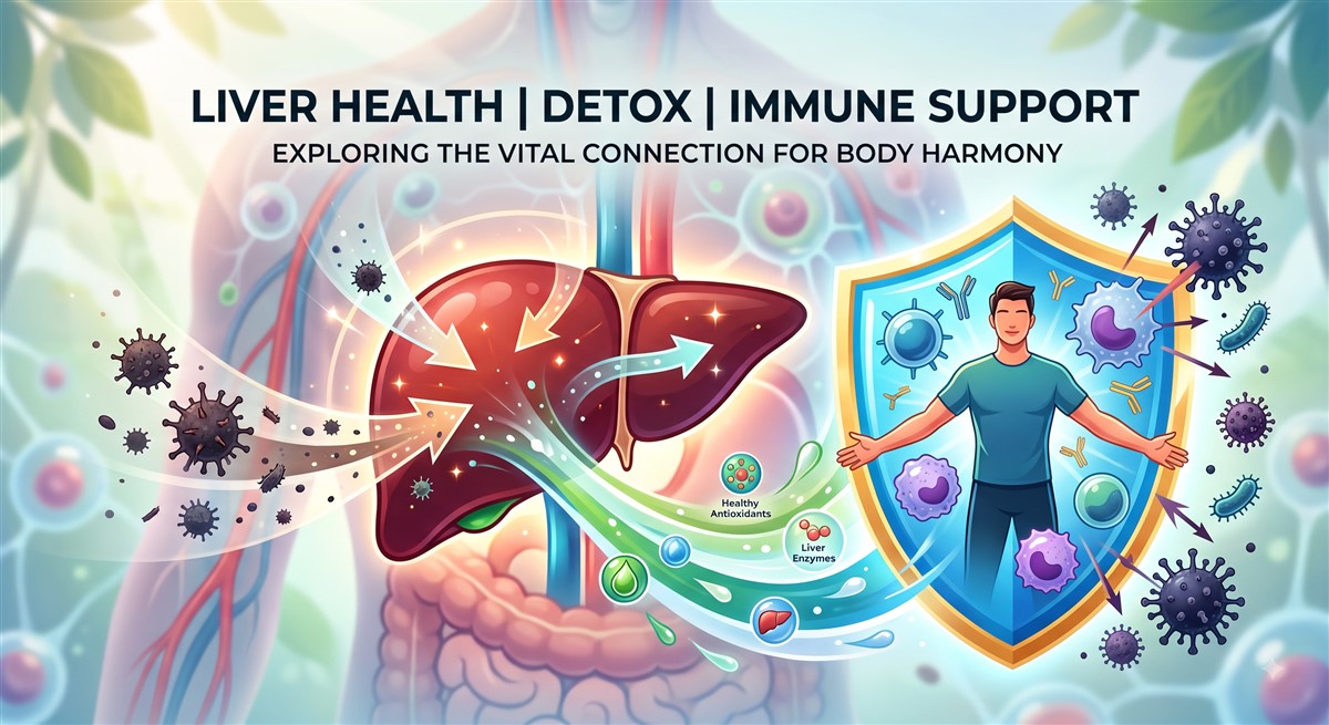 Illustrated infographic titled Liver Health, Detox, Immune Support — Exploring the Vital Connection for Body Harmony, showing a glowing liver filtering toxins with healthy antioxidants and liver enzymes flowing outward, alongside a man standing inside a protective immune shield deflecting viruses and pathogens, representing the connection between liver detoxification and immune system defence.