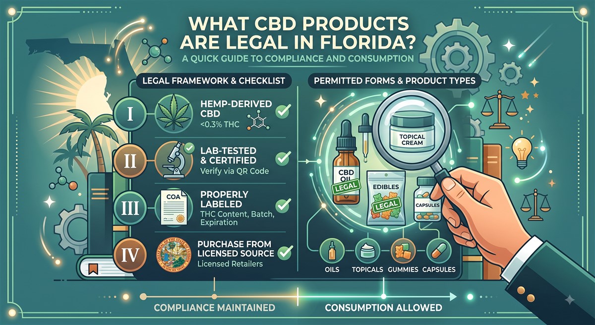 Infographic titled “What CBD Products Are Legal in Florida?” showing a compliance checklist: hemp-derived CBD with less than 0.3% THC, laboratory testing and certification verified by QR code, proper labels showing THC content, batch, and expiry information, and purchase from a licensed source. A hand holds a magnifying glass over legal CBD oil, edibles, topical cream, and capsules, with icons for oils, topicals, gummies, and capsules.