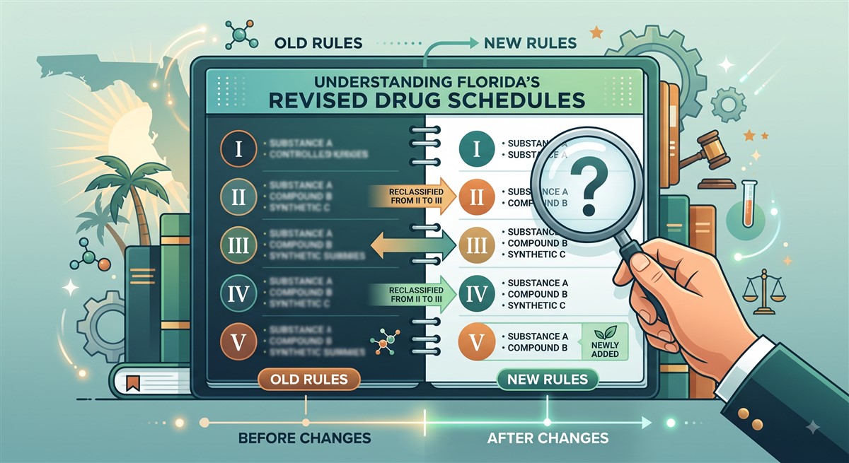 Infographic titled “Understanding Florida’s Revised Drug Schedules,” comparing old rules on the left with new rules on the right in an open binder. Roman numerals I through V represent controlled-substance schedules, with arrows showing substances reclassified between schedules and a newly added item. A hand holding a magnifying glass with a question mark, a gavel, scales, chemistry symbols, and Florida imagery emphasize legal review and regulatory changes.