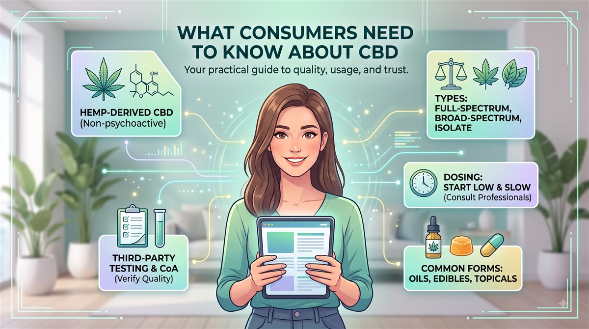 Infographic titled “What Consumers Need to Know About CBD,” showing a woman holding a tablet in the centre. Four panels explain hemp-derived CBD as non-psychoactive, product types including full-spectrum, broad-spectrum, and isolate, starting dosing slowly and consulting professionals, third-party testing and certificates of analysis, and common forms such as oils, edibles, and topicals.