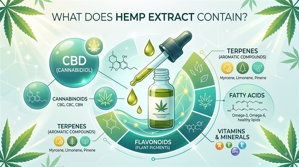 Infographic titled What Does Hemp Extract Contain, showing a central hemp extract dropper bottle with golden oil drops surrounded by a segmented wheel diagram labelling six key components: CBD cannabidiol with its chemical structure; cannabinoids including CBG, CBC, and CBN; terpenes as aromatic compounds including myrcene, limonene, and pinene; flavonoids as plant pigments; fatty acids including omega-3, omega-6, and healthy lipids; and vitamins and minerals including A, E, zinc, and other micronutrients, all framed by cannabis leaves.