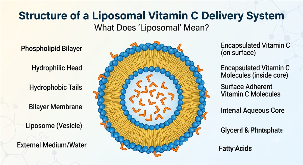 Diagram illustrating the structure of a liposomal vitamin C delivery system, labelling key components including the phospholipid bilayer, hydrophilic head, hydrophobic tails, bilayer membrane, liposome vesicle, internal aqueous core, encapsulated vitamin C molecules, surface adherent vitamin C molecules, glycerol and phosphate groups, and fatty acids.
