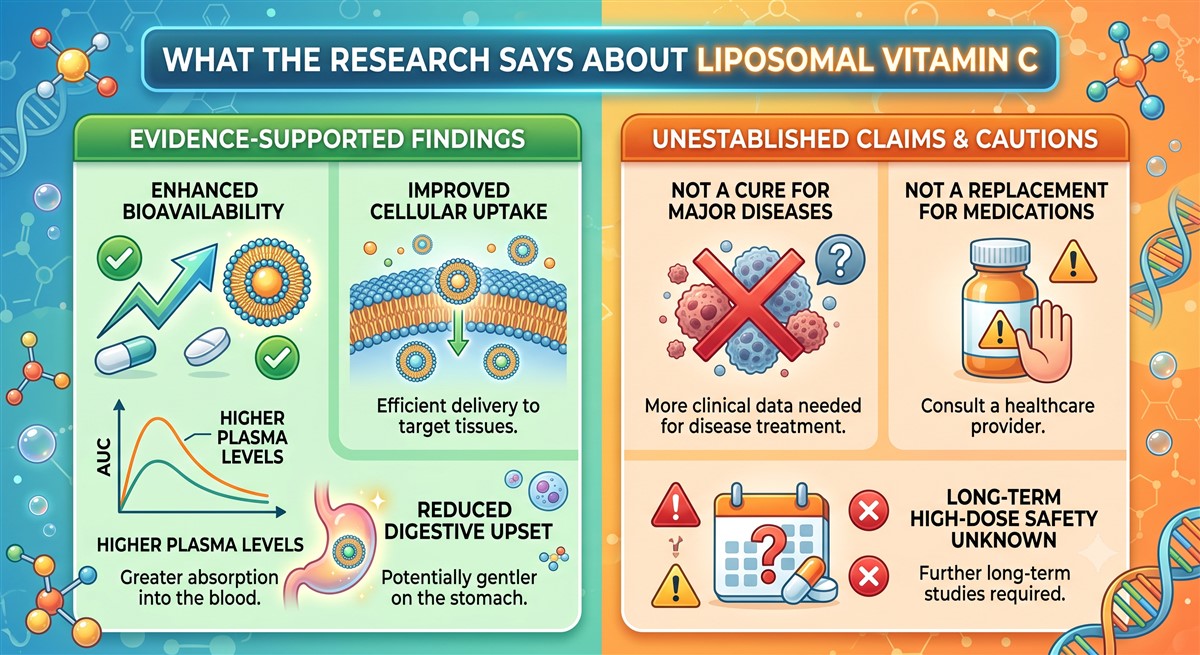 Research summary infographic on liposomal vitamin C divided into evidence-supported findings — enhanced bioavailability, higher plasma levels, improved cellular uptake, and reduced digestive upset — and unestablished claims and cautions, including that it is not a cure for major diseases, not a replacement for medications, and that long-term high-dose safety remains unknown.