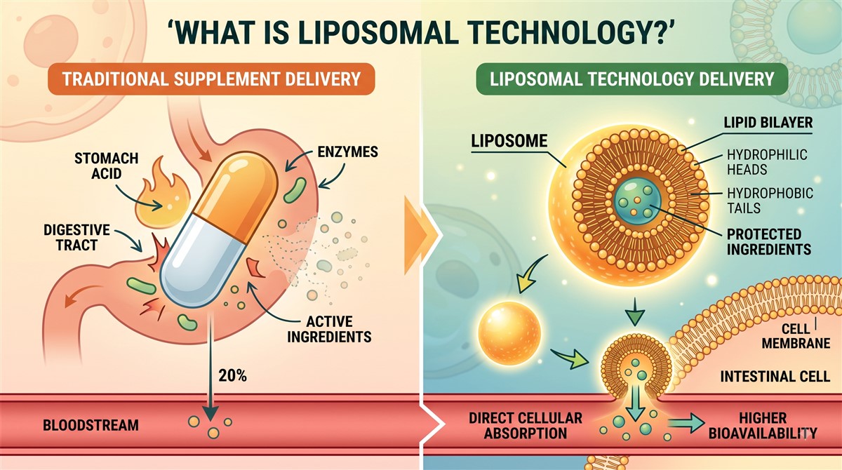 Side-by-side comparison infographic titled What Is Liposomal Technology, contrasting traditional supplement delivery on the left where a capsule is broken down by stomach acid and enzymes resulting in only 20% absorption into the bloodstream, with liposomal technology delivery on the right showing a liposome structure with lipid bilayer, hydrophilic heads, hydrophobic tails, and protected ingredients achieving direct cellular absorption and higher bioavailability.