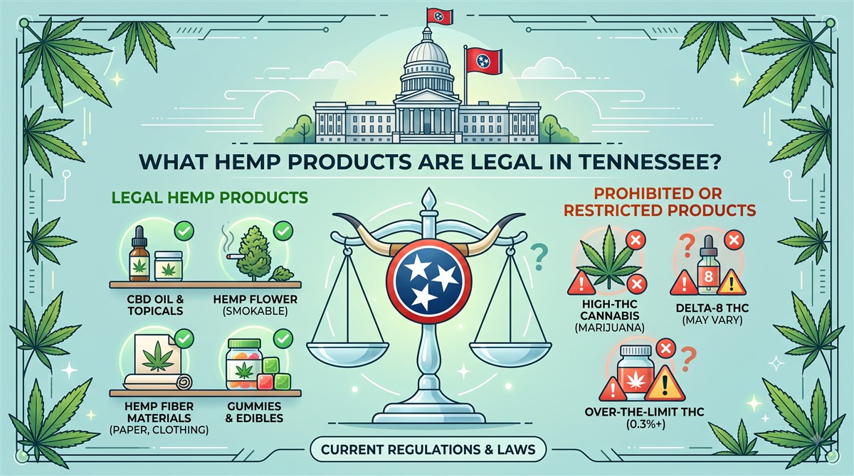 Infographic titled “What Hemp Products Are Legal in Tennessee?” with a central Tennessee-themed balance scale. The left side lists legal hemp products—CBD oil and topicals, smokable hemp flower, hemp-fibre materials, and gummies and edibles—with green check marks; the right side shows prohibited or restricted products—high-THC cannabis, Delta-8 THC marked “may vary,” and products over the 0.3% THC limit—with red X symbols and warning signs.