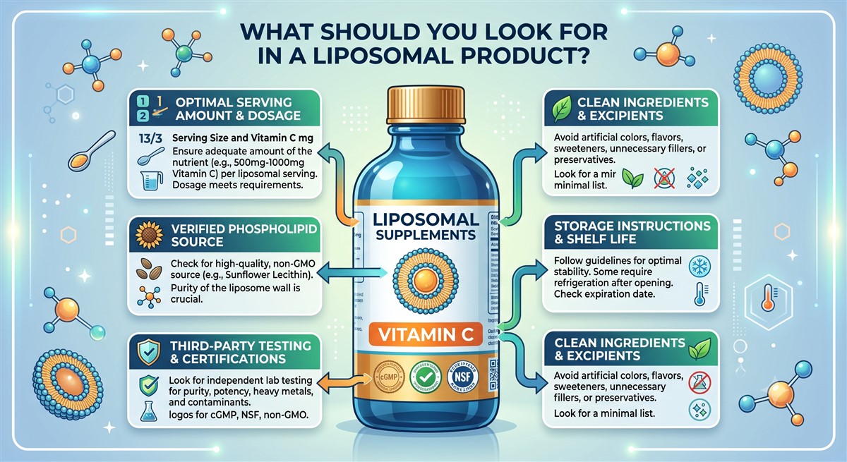 Buying guide infographic titled What Should You Look for in a Liposomal Product, featuring a central illustration of a liposomal vitamin C supplement bottle surrounded by six labelled criteria: optimal serving amount and dosage (500–1000 mg per serving), verified phospholipid source such as sunflower lecithin, third-party testing and certifications including cGMP and NSF, clean ingredients and excipients with no artificial additives, storage instructions and shelf life, and a minimal clean ingredient list.