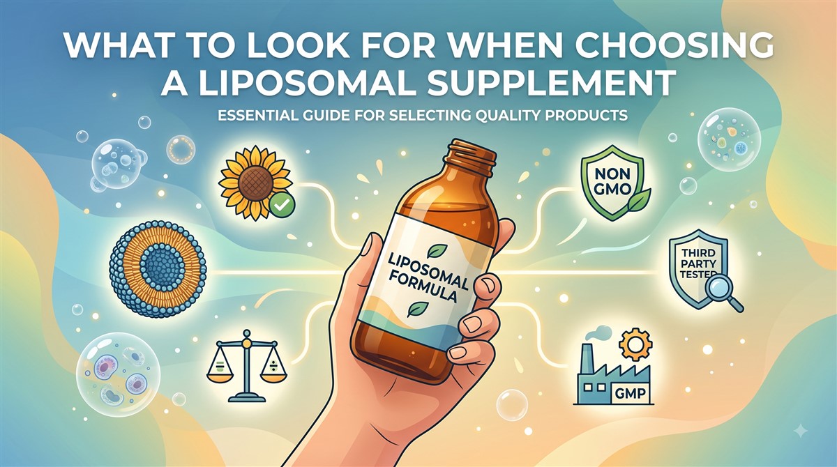 Buying guide infographic titled What to Look for When Choosing a Liposomal Supplement, showing a hand holding a brown bottle labelled Liposomal Formula surrounded by quality indicators including a sunflower icon for plant-based phospholipids, a non-GMO shield, a third-party tested badge, a GMP manufacturing facility icon, a balance scale, and a liposome cross-section diagram.