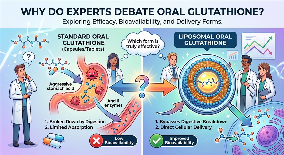 Infographic titled Why Do Experts Debate Oral Glutathione, comparing standard oral glutathione capsules and tablets on the left which are broken down by aggressive stomach acid and enzymes resulting in limited absorption and low bioavailability, with liposomal oral glutathione on the right which bypasses digestive breakdown for direct cellular delivery and improved bioavailability, with illustrated doctors debating which form is truly effective.