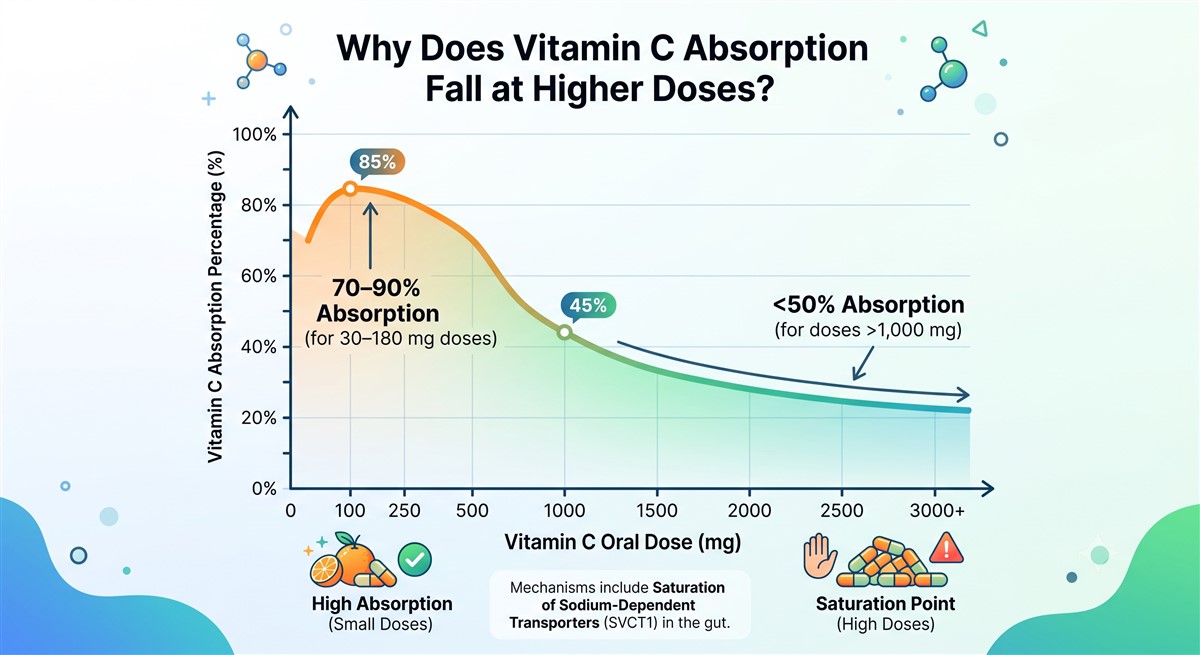 Infographic chart showing why vitamin C absorption falls at higher oral doses, with a curve peaking at 85% absorption for 30–180 mg doses, dropping to 45% at 1,000 mg, and falling below 50% for doses above 1,000 mg, explaining saturation of sodium-dependent transporters (SVCT1) in the gut.