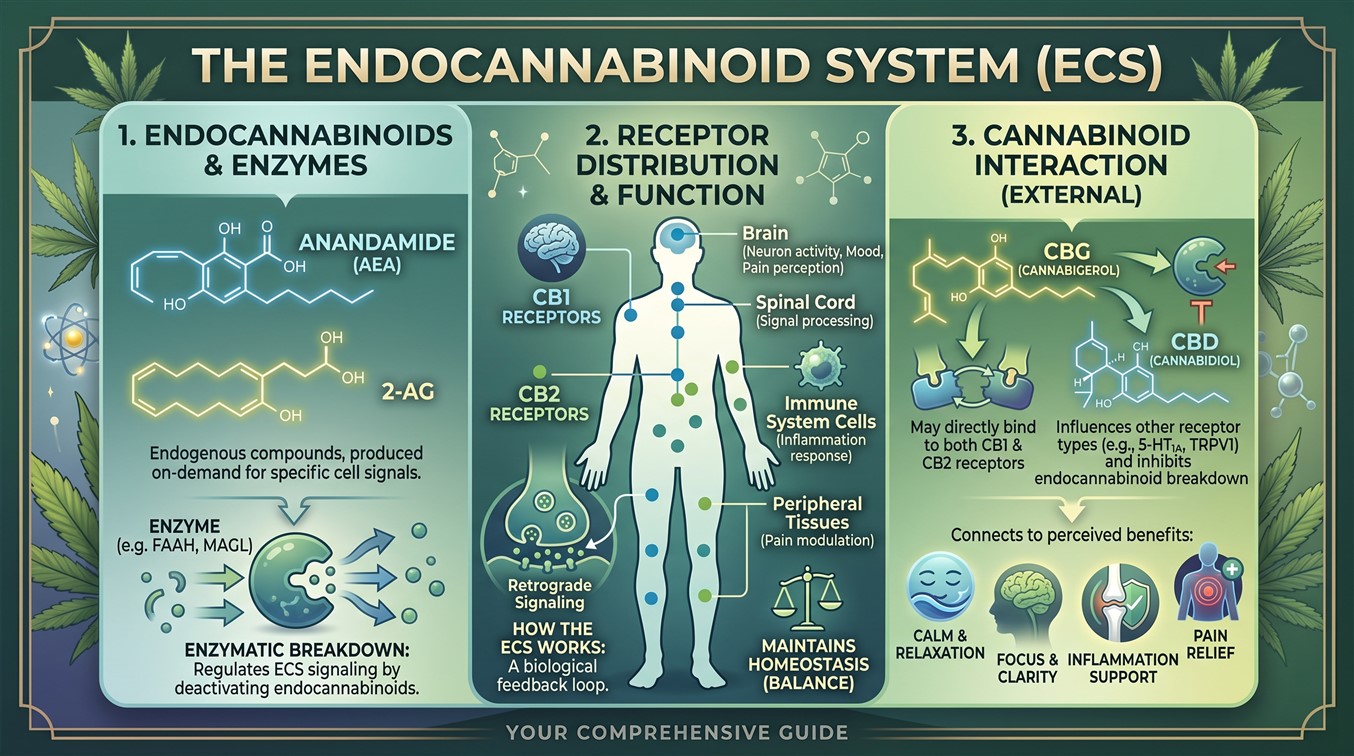 An infographic explaining the Endocannabinoid System (ECS), detailing its receptors, endogenous compounds, and how external cannabinoids like CBD and CBG interact with it