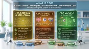 An infographic titled 'WHAT IS CBG? A Plain Guide To Cannabigerol, The Lesser Known Cannabinoid to CBD'. It features three panels. The gold panel describes 'CBG'S ORIGIN & STRUCTURE', explaining it starts as CBGA and converts via decarboxylation, known as the 'stem cell' of cannabinoids. The orange panel details 'CBG'S EFFECTS (Potential)', listing digestive support, intraocular pressure support (glaucoma), neuroprotection potential, brain potential, and anti-bacterial properties (e.g., MRSA study) with corresponding icons. The green panel provides a 'CBG vs. CBD: A Comparison', noting CBG targets gut and eye while CBD targets mood and pain, and that CBG has a lower plant concentration, is distinct from CBD in receptor binding, and is a potent minor cannabinoid. 3D molecular models labeled CBGA, CBG, CBD, THC, and Minor Cannabinoids are displayed in the foreground.