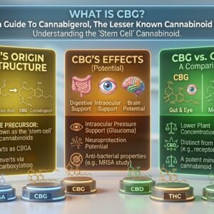 An infographic titled 'WHAT IS CBG? A Plain Guide To Cannabigerol, The Lesser Known Cannabinoid to CBD'. It features three panels. The gold panel describes 'CBG'S ORIGIN & STRUCTURE', explaining it starts as CBGA and converts via decarboxylation, known as the 'stem cell' of cannabinoids. The orange panel details 'CBG'S EFFECTS (Potential)', listing digestive support, intraocular pressure support (glaucoma), neuroprotection potential, brain potential, and anti-bacterial properties (e.g., MRSA study) with corresponding icons. The green panel provides a 'CBG vs. CBD: A Comparison', noting CBG targets gut and eye while CBD targets mood and pain, and that CBG has a lower plant concentration, is distinct from CBD in receptor binding, and is a potent minor cannabinoid. 3D molecular models labeled CBGA, CBG, CBD, THC, and Minor Cannabinoids are displayed in the foreground.