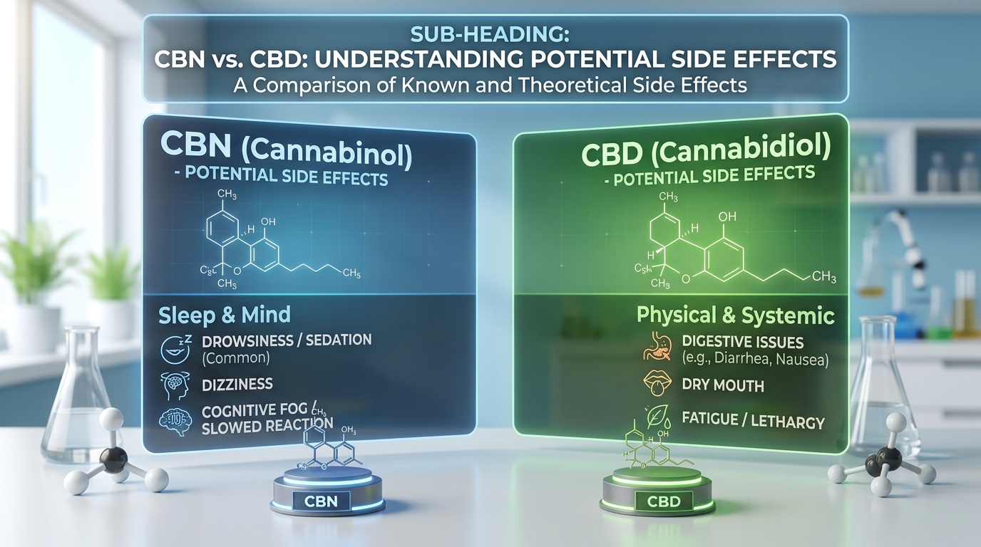An infographic comparing the potential side effects of CBN and CBD. The top text reads 'SUB-HEADING: CBN vs. CBD: UNDERSTANDING POTENTIAL SIDE EFFECTS'. The left blue panel is labeled 'CBN (Cannabinol)' and lists side effects under 'Sleep & Mind', including drowsiness/sedation, dizziness, and cognitive fog/slowed reaction. The right green panel is labeled 'CBD (Cannabidiol)' and lists side effects under 'Physical & Systemic', including digestive issues, dry mouth, and fatigue/lethargy. 3D molecular models for CBN and CBD sit on the lab bench below their respective panels
