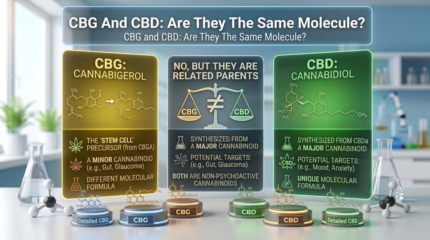 An infographic titled 'CBG And CBD: Are They The Same Molecule?'. It features three panels. The gold panel on the left describes 'CBG: CANNABIGEROL' as the 'stem cell' precursor synthesized from CBGA, a minor cannabinoid targeting gut and glaucoma, with a different molecular formula. The central grey panel answers 'NO, BUT THEY ARE RELATED PARENTS', displaying a scale balancing CBG and CBD, stating both are synthesized from major cannabinoids, are non-psychoactive, and share potential targets. The green panel on the right describes 'CBD: CANNABIDIOL' as synthesized from CBDa, targeting mood and anxiety, with a unique molecular formula. 3D molecular models labeled CBG, CBD, and detailed structures are displayed on the lab bench.
