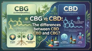 An infographic comparing CBG and CBD, highlighting their chemical structures, abundance in the cannabis plant, and their respective wellness benefits like focus and pain relief.