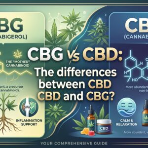 An infographic comparing CBG and CBD, highlighting their chemical structures, abundance in the cannabis plant, and their respective wellness benefits like focus and pain relief.