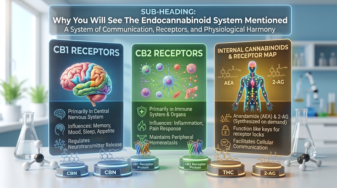 An infographic detailing the endocannabinoid system. The top text reads 'SUB-HEADING: Why You Will See The Endocannabinoid System Mentioned'. It features three panels: a blue panel on CB1 receptors (located in the central nervous system, influencing memory, mood, sleep, appetite, and neurotransmitter release), a green panel on CB2 receptors (located in the immune system and organs, influencing inflammation, pain response, and peripheral homeostasis), and a gold panel mapping internal cannabinoids (AEA and 2-AG) and their function as keys to receptor locks for cellular communication. 3D molecular models labeled CBN, CB1 Receptor Protein, CB2 Receptor Protein, THC, and 2-AG are arranged on a lab bench in the foreground.