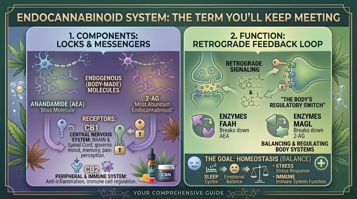 An infographic explaining the endocannabinoid system, detailing its components—such as Anandamide, 2-AG, and CB1/CB2 receptors—and its function in retrograde feedback loops to maintain homeostasis in sleep, mood, and immune function.