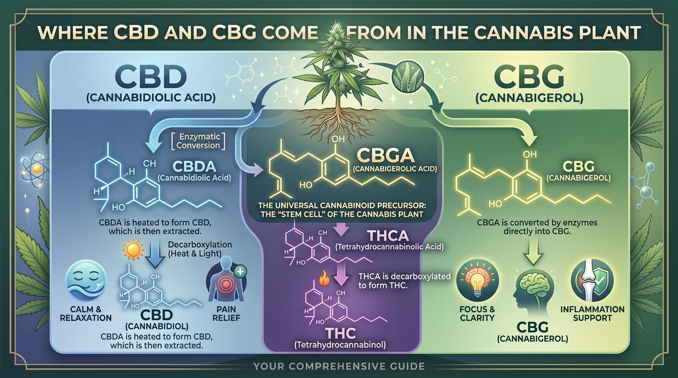 A flowchart illustrating how CBD and CBG are synthesized from the precursor CBGA within the cannabis plant.