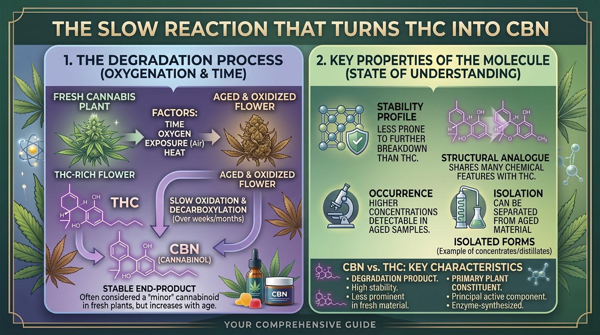An infographic detailing the slow chemical degradation process of how THC converts into CBN over time through oxygenation, air exposure, and heat, alongside a comparison of the key molecular properties and characteristics of CBN versus THC.