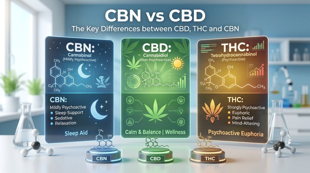 An infographic titled 'CBN vs CBD' comparing the key differences between three cannabinoids. It features three panels: a blue panel for 'CBN: Cannabinol' labeled mildly psychoactive and listed as a sleep aid with sedative and relaxation effects; a green panel for 'CBD: Cannabidiol' labeled non-psychoactive and associated with calm, balance, and wellness; and an orange panel for 'THC: Tetrahydrocannabinol' labeled psychoactive, associated with euphoria, pain relief, and mind-altering effects. 3D molecular models for CBN, CBD, and THC are displayed on the lab bench in front of each corresponding panel