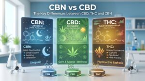 An infographic titled 'CBN vs CBD' comparing the key differences between three cannabinoids. It features three panels: a blue panel for 'CBN: Cannabinol' labeled mildly psychoactive and listed as a sleep aid with sedative and relaxation effects; a green panel for 'CBD: Cannabidiol' labeled non-psychoactive and associated with calm, balance, and wellness; and an orange panel for 'THC: Tetrahydrocannabinol' labeled psychoactive, associated with euphoria, pain relief, and mind-altering effects. 3D molecular models for CBN, CBD, and THC are displayed on the lab bench in front of each corresponding panel