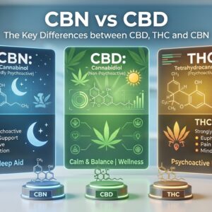 An infographic titled 'CBN vs CBD' comparing the key differences between three cannabinoids. It features three panels: a blue panel for 'CBN: Cannabinol' labeled mildly psychoactive and listed as a sleep aid with sedative and relaxation effects; a green panel for 'CBD: Cannabidiol' labeled non-psychoactive and associated with calm, balance, and wellness; and an orange panel for 'THC: Tetrahydrocannabinol' labeled psychoactive, associated with euphoria, pain relief, and mind-altering effects. 3D molecular models for CBN, CBD, and THC are displayed on the lab bench in front of each corresponding panel