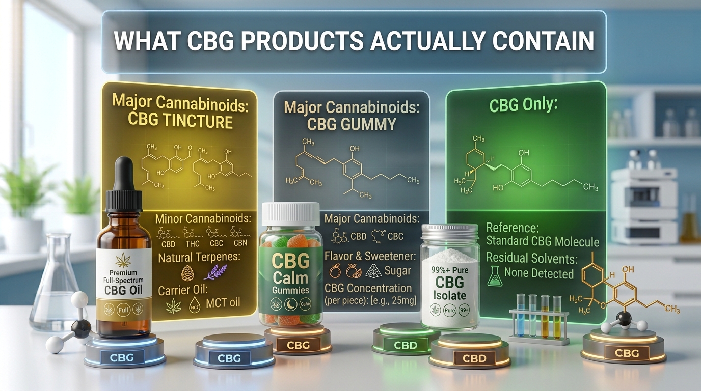 An infographic titled 'WHAT CBG PRODUCTS ACTUALLY CONTAIN'. It features three panels and corresponding product examples on a lab bench. The yellow panel details 'CBG TINCTURE', noting it contains major cannabinoids like CBG, minor cannabinoids (CBD, THC, CBC, CBN), natural terpenes, and MCT carrier oil, illustrated with a dropper bottle of 'Premium Full-Spectrum CBG Oil'. The grey panel details 'CBG GUMMY', listing major cannabinoids (CBD, CBN, CBC), flavor and sweetener (sugar), and CBG concentration (e.g., 25mg per piece), illustrated with a jar of 'CBG Calm Gummies'. The green panel details 'CBG Only', referencing standard CBG molecules and stating no residual solvents were detected, illustrated with a jar of '99%+ Pure CBG Isolate'. 3D molecular models labeled CBG, CBD, and CBG are arranged in the foreground.