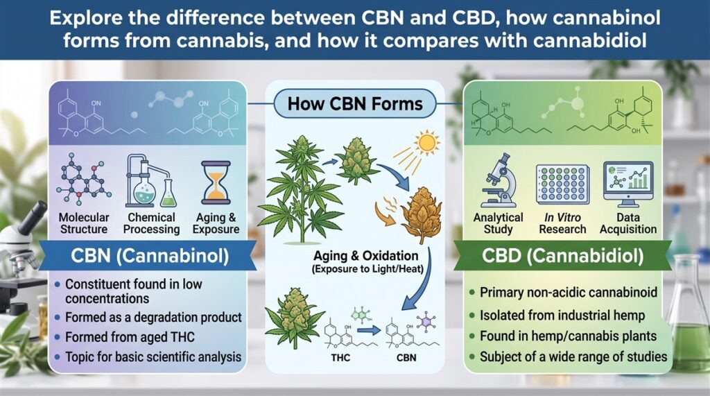 An infographic comparing CBN and CBD, explaining that CBN is a degradation product formed from aged THC exposed to light and heat, while contrasting it with CBD, which is a primary cannabinoid isolated from industrial hemp and a subject of extensive scientific research.