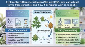 An infographic comparing CBN and CBD, explaining that CBN is a degradation product formed from aged THC exposed to light and heat, while contrasting it with CBD, which is a primary cannabinoid isolated from industrial hemp and a subject of extensive scientific research.