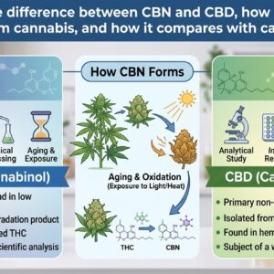 An infographic comparing CBN and CBD, explaining that CBN is a degradation product formed from aged THC exposed to light and heat, while contrasting it with CBD, which is a primary cannabinoid isolated from industrial hemp and a subject of extensive scientific research.