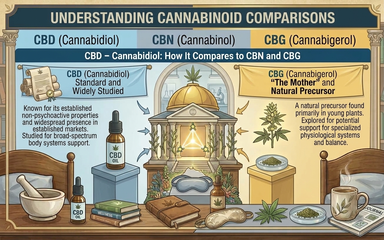 Infographic titled "Understanding Cannabinoid Comparisons," showing CBD, CBN, and CBG. CBD is described as standard and widely studied, known for non-psychoactive properties and studied for broad-spectrum body systems support. CBG is described as "The Mother" and natural precursor, found primarily in young plants and explored for potential support of specialized physiological systems and balance. Central illustration features a domed building with cannabis plants, CBD oil bottles, books, and a sleep mask on a wooden table.