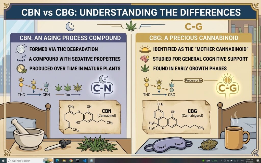 Side-by-side infographic titled "CBN vs CBG: Understanding the Differences," showing CBN as an aging-process compound formed via THC degradation in mature plants, alongside CBG as the "mother cannabinoid" found in early growth phases, with chemical structures for both.