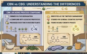 Side-by-side infographic titled "CBN vs CBG: Understanding the Differences," showing CBN as an aging-process compound formed via THC degradation in mature plants, alongside CBG as the "mother cannabinoid" found in early growth phases, with chemical structures for both.