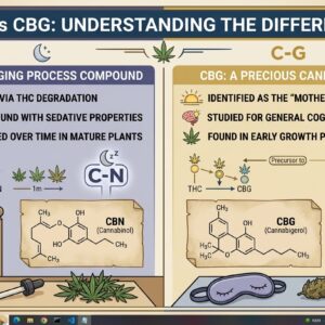 Side-by-side infographic titled "CBN vs CBG: Understanding the Differences," showing CBN as an aging-process compound formed via THC degradation in mature plants, alongside CBG as the "mother cannabinoid" found in early growth phases, with chemical structures for both.