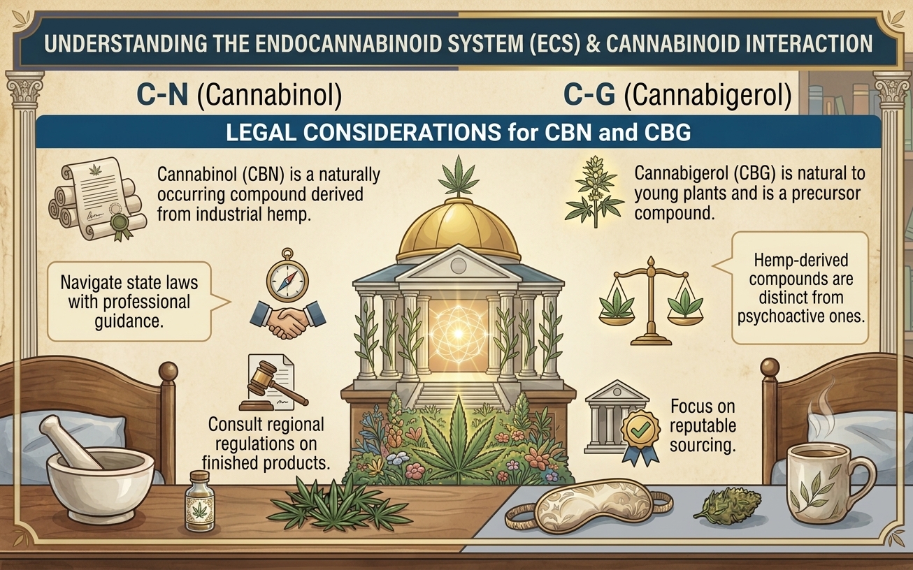nfographic titled "Understanding the Endocannabinoid System (ECS) & Cannabinoid Interaction," comparing legal considerations for CBN and CBG — noting CBN is derived from industrial hemp, CBG is natural to young plants as a precursor compound, and advising consulting regional regulations and reputable sourcing.